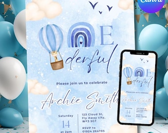 Hot Air Balloon 1st Birthday Invitation + Evite Sizes: Baby Blue Watercolor (Digital Download)