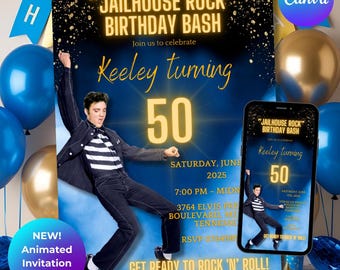 Elvis Presley Jailhouse Rock Birthday Invitation: Printable Rock n Roll Party (Plus Animated Invite)