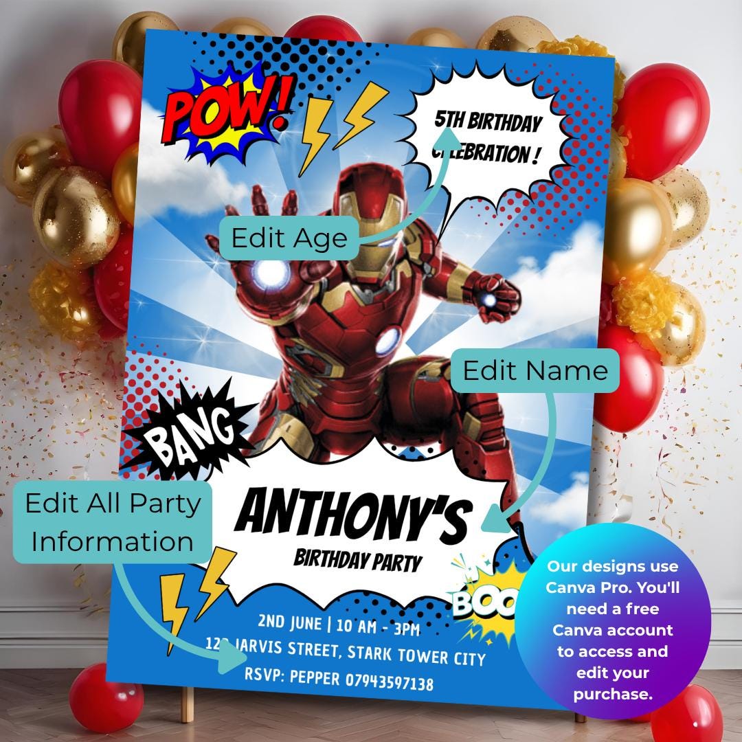 Iron Man Birthday Invitation + Evite Sizes: Avengers Superhero Party ...