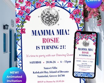 Mamma Mia Birthday Invitation: Greek Party, ABBA Theme (Editable Canva Template + Animated Invite)