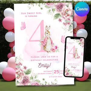 May include: A pink and white birthday invitation with a watercolor floral design. The invitation features a bunny rabbit wearing a pink scarf and a large number 4. The text on the invitation reads "Our Sweet Girl is Turning 4. Please, Join Us for a Birthday Celebrating Emily! September 25th, 123 Bunny Street, Mead HA2, at 5 After Noon."