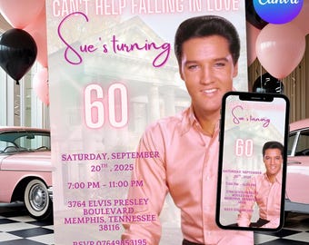 Elvis Presley Retro Birthday Invitation and Evites: 50s Rock n Roll Party (Digital Download)