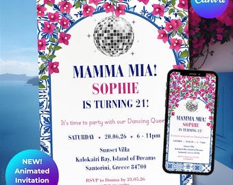 Mamma Mia Birthday Invitation: ABBA Disco Theme, Greek Island (Digital + Animated)