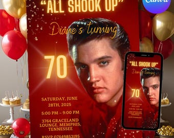 Elvis Presley 70th Birthday Invitation: All Shook Up, Retro Rock & Roll Party (Canva Template)