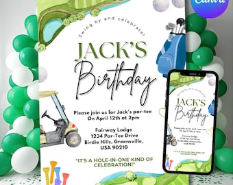Watercolor Golf Birthday Invitation: Editable Party Template (Digital Download)