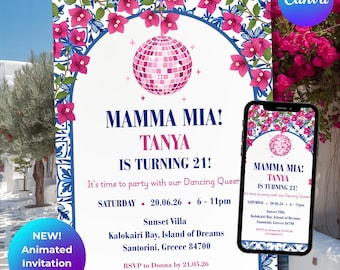 Mamma Mia Birthday Invitation: Pink Disco Ball, Editable Canva Template (Animated Digital Download)
