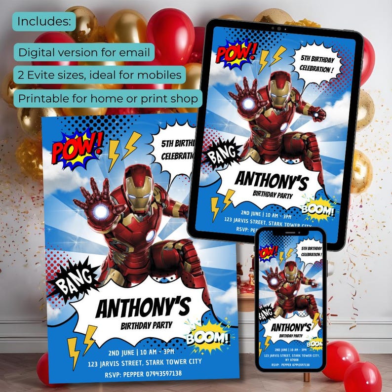 Iron Man Birthday Invitation + Evite Sizes: Avengers Superhero Party ...