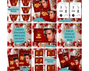 Elvis Presley Birthday Party Decor Bundle: Red & Gold (Digital Download)