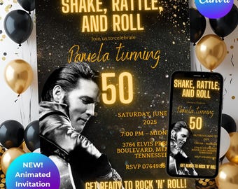 Elvis Presley 50th Birthday Invitation: Viva Las Vegas, Shake Rattle Roll (Animated Digital Download)