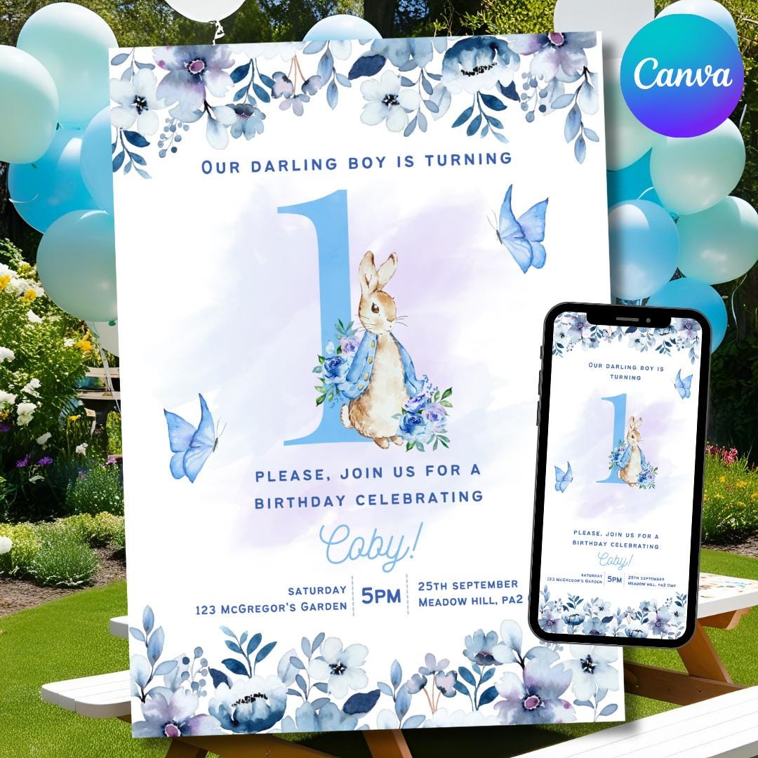 Peter Rabbit 1st Birthday Invitation, Editable Digital Download ...