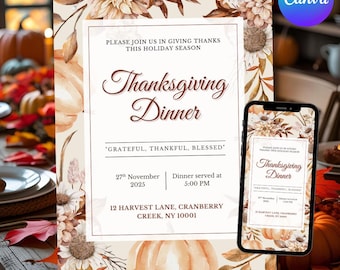 May include: Thanksgiving dinner invitation with floral and pumpkin illustrations. The invitation includes the text "Thanksgiving Dinner" and event details. A smartphone displays the same invitation. The design is in warm, autumnal colors.