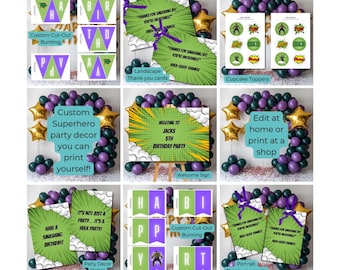Hulk Birthday Party Decor Bundle: Green & Purple Superhero (Digital Download)