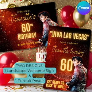 Elvis Presley Viva Las Vegas Birthday Poster & Welcome Sign, Rock ‘n’ Roll Party Decor, Editable Digital Download, 60th or Edit Any Age