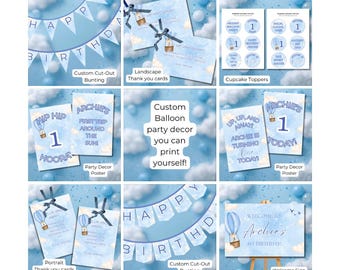 Hot Air Balloon 1st Birthday Party Bundle, Blue Sky Decor (Digital Download)