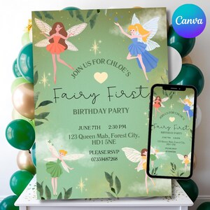 May include: A green and white fairy-themed birthday party invitation with a whimsical design featuring fairies, stars, and leaves. The invitation includes the text "Join us for Chloe's Fairy First Birthday Party" and details about the party, including the date, time, and location.