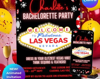 Vegas Bachelorette Party Invitation: Animated Casino Night, Girls Trip (Digital Download)