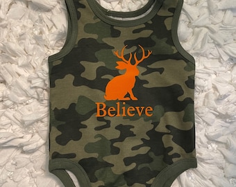 Jackalope "Believe" camouflage onesie camo blaze orange baby clothes baby shower gift toddler gift