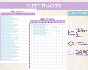 May include: Two printable sleep tracker sheets with a grid layout for tracking sleep hours. The sheets are in a light blue and white color scheme with a purple border. The text "SLEEP TRACKER" is at the top of each sheet. The text "2 TRACKERS" is in the top right corner of the image. The text "4 SIZES: US LETTER, A4, A5, 7X9.25" is in the bottom right corner of the image. The text "PRINT" is in a purple box with a computer monitor icon. The text "INSTANT DOWNLOAD" is in a purple box with a cloud icon. The text "TRACK TIME SLEPT AND HOURS SLEPT" is in a purple box with a cloud icon and a sleeping face.