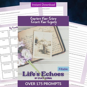 May include: A purple and white journal with the title "Life's Echoes: My Legacy Journal" and the text "Capture Your Story Create Your Legacy" and "Over 175 Prompts". The journal cover features a vintage photo of a couple and a bouquet of purple flowers.
