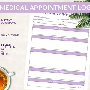 Registro de consultas médicas para rastreamento de consultas médicas. PDF preenchível.  Registro imprimível em carta dos EUA, A4, A5 e inserção média do Happy Planner