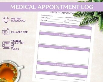 Medical Appointment Log for Doctor Appointment Tracking. Fillable PDF.  Printable Log  in US Letter, A4, A5, and Medium Happy Planner Insert