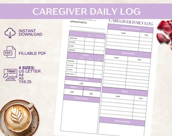 Checklist and Log for Caregivers of Elderly and Terminally Ill.  Digital, Fillable PDF, Printable Medical Log, Caregiver Daily Plan