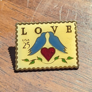 Vintage Love Birds Heart Stamp Pin Brooch 1989 United States Postal Service USA 25 Cents
