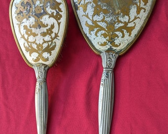 1950s Matson fifth avenue Women's Mirror & nylon Hairbrush Set Gold Tone