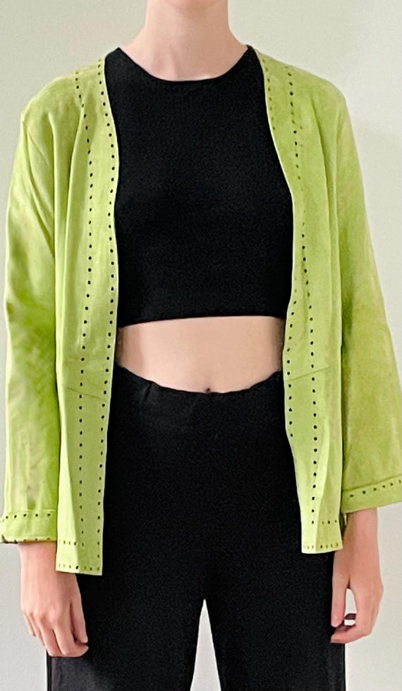 Jean Muir, Vintage Jean Muir Suede Jacket: Lime Green Tooled Leather, UK 10