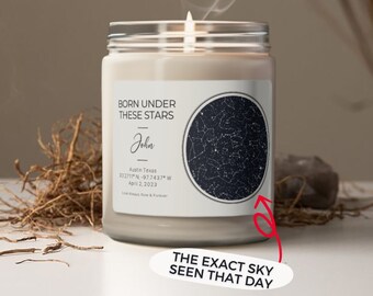 Custom Star Map Gift, Born Under These Stars Personlized Candle, New Baby Gift For Mom, Constellation Gift, Eco Friendly 9oz. Candle