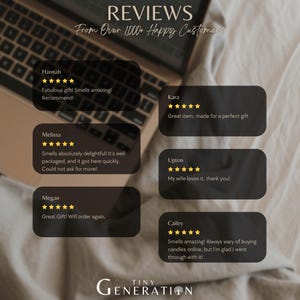 a collection of customer reviews for a product, specifically a fragrance, with a laptop and a white cloth in the background.