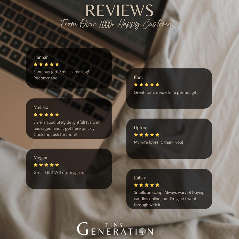 a collection of customer reviews for a product, specifically a fragrance, with a laptop and a white cloth in the background.