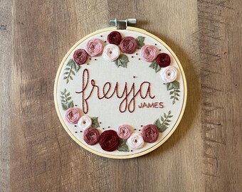The Freyja - Personalized Baby Name Announcement, Pink Roses Nursery Decor, Pregnancy Announcement
