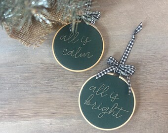 Hand Embroidered Christmas Ornament Set, Buffalo Check Ribbon