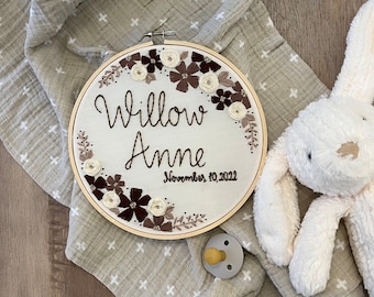 The Willow - Personalized Hand Embroidery, Baby Name Announcement, Pregnancy Announcement, Keepsake, Custom Colors, Finished Product