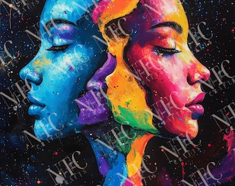May include: A vibrant, abstract painting featuring two side profiles of a face. One face is painted in shades of blue, the other in pinks, oranges, and yellows. The background is black with colorful paint splatters.