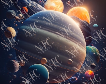 May include: A digital illustration of a vibrant solar system, featuring planets of various sizes and colors, including a large, ringed planet. The artwork showcases a dynamic arrangement of celestial bodies against a dark, starry background.
