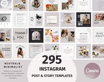 295 Instagram Post Templates, Story Templates, Canva Templates, Coach, Business, Social Media Templates, Neutral Blog Template, Animated