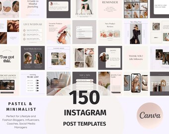 150 Instagram Aesthetic Post Templates, Minimalist Pastel, Canva Templates, Coach, Business, Social Media Templates, Neutral Blog Template