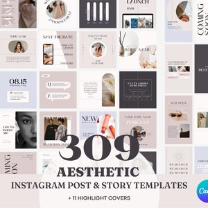 309 Instagram Canva Templates, Minimalist Pastel, Aesthetic Instagram Feed, Coach, Social Media Templates, Clean Neutral, Highlight Covers