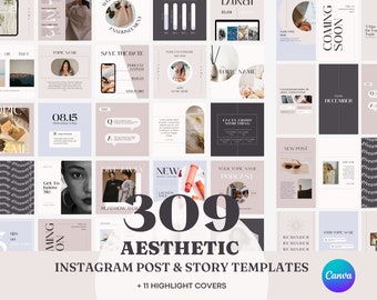 309 Instagram Canva Templates, Minimalist Pastel, Aesthetic Instagram Feed, Coach, Social Media Templates, Clean Neutral, Highlight Covers