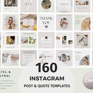 Può includere: Una collezione di 160 modelli di post e citazioni Instagram in colori pastello e neutri. I modelli presentano vari design con sovrapposizioni di testo, tra cui "Nuovo post del blog", "Concorso", "Scegli uno", "Grazie", "Vacanze estive", "Pianificazione mensile", "Questa settimana", "Lancio del corso", "Notizie" e "Il mio tipo di fine settimana".