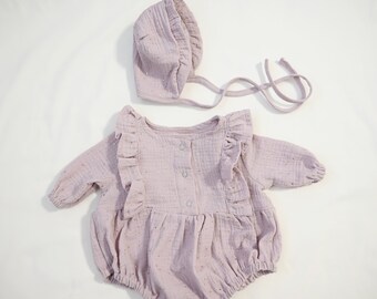 Set of 2 baby girl baby girl romper romper made of muslin + hat with ruffle