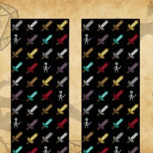 May include: Pair of black socks with a repeating pattern of colorful pixelated swords and skeletons holding swords. The socks are on a brown background with a pair of dice and a dragon silhouette.