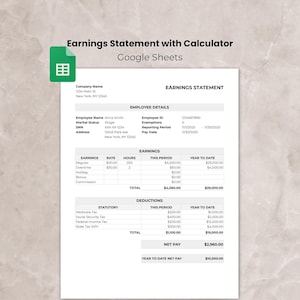 Paystub Template Google Sheets, Editable Earnings Statement Download as PDF, Salary Slip Template, Business Payroll, Paycheck Stub, Pay Stub