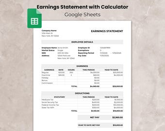 Paystub Template Google Sheets, Editable Earnings Statement Download as PDF, Salary Slip Template, Business Payroll, Paycheck Stub, Pay Stub