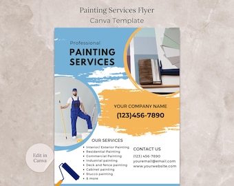 May include: A flyer for painting services with a blue and orange design. The flyer includes the text "Professional PAINTING SERVICES" and a graphic of a painter. Contact information and a list of services are also included.