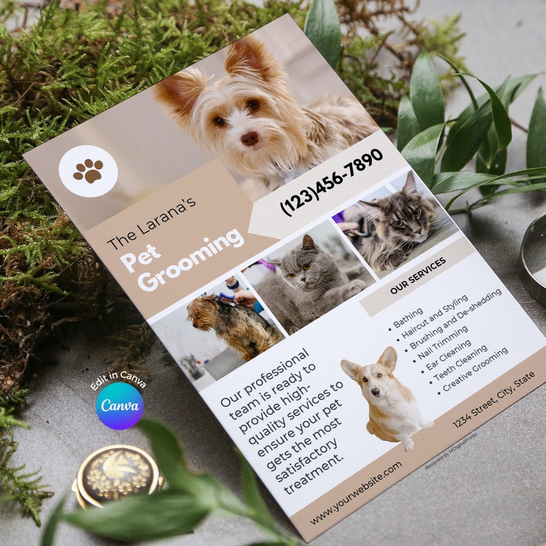 Pet Grooming Flyer Canva Template, Pet Groomer Business Editable Flyer