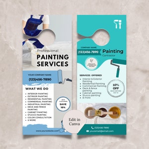 May include: A teal and white door hanger with a cut-out for a door knob. The hanger advertises painting services with the text "Painting Contractor" and a phone number. The text "10% OFF" is also visible on the hanger.