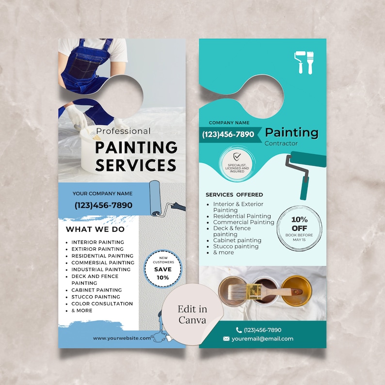May include: A teal and white door hanger with a cut-out for a door knob. The hanger advertises painting services with the text "Painting Contractor" and a phone number. The text "10% OFF" is also visible on the hanger.
